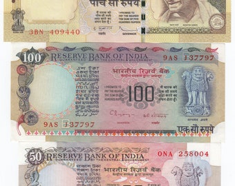 India Set of 3  (50+100+500 Rupees), Old Issue, Random Year, UNC