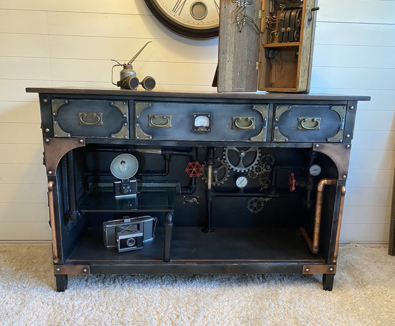 Steampunk Command Console Update: SOLD!! Industrial Steampunk Furniture // Console / TV Stand ...