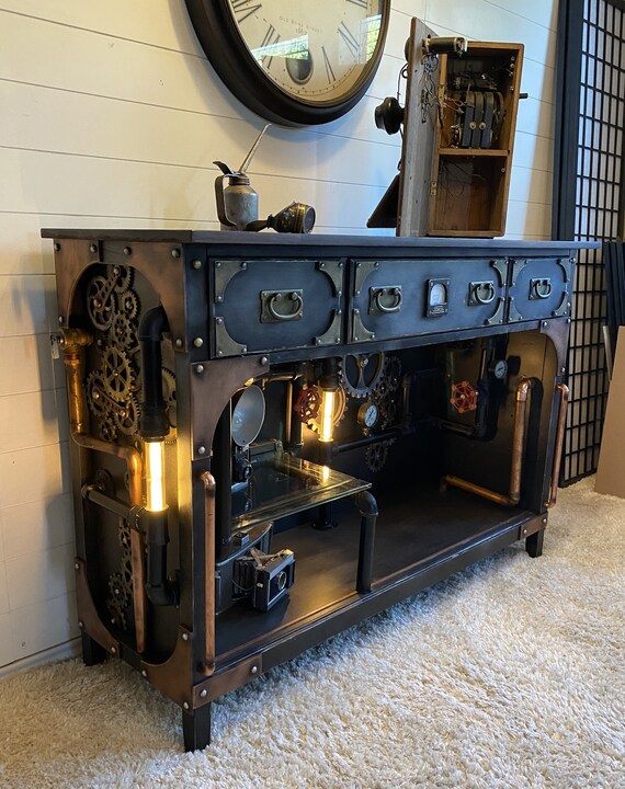 Update SOLD Industrial Steampunk Console TV Stand Hall Table