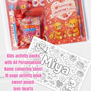 Pode incluir: Um kit de atividades para crianças com tema de Dia dos Namorados. O kit inclui uma folha de colorir com o nome "Miya", um livro de atividades de 10 páginas, autocolantes, um lápis que muda de cor e um saco de doces. Decorado com corações e ursinhos.