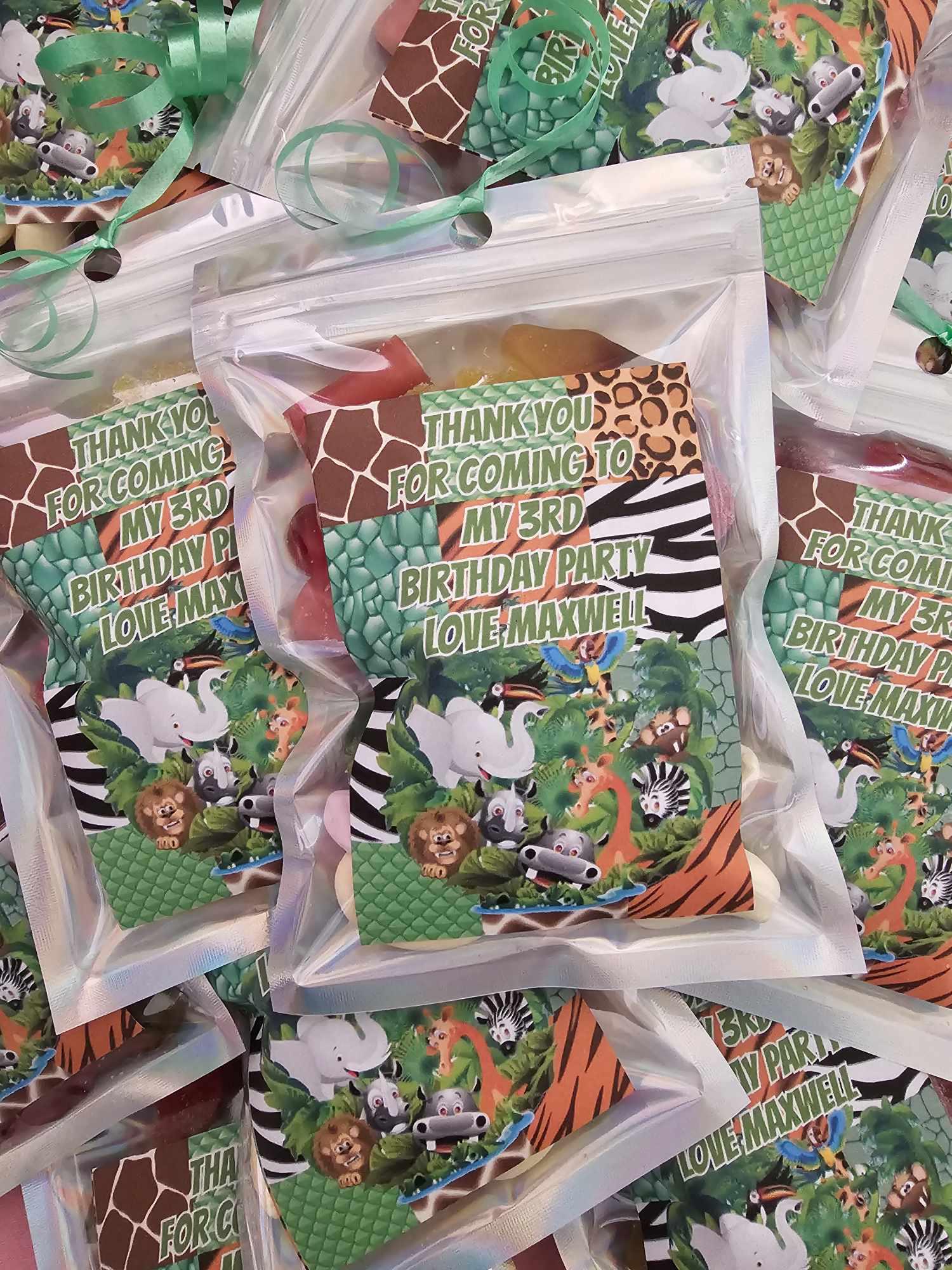 Party bag sweet cone alternative for kids jungle themed. Prefilled with soft gummy and fizzy sweet mix. Personalised