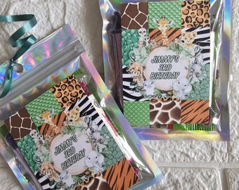 Jungle animals party bags sweet pouch with haribo and swizzel branded sweets can be personalied party favour party theme