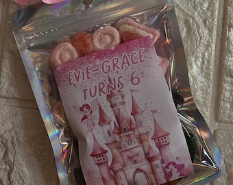 Party bag filled with sweets. personalised front. Birthday favour gift sweet candy bag