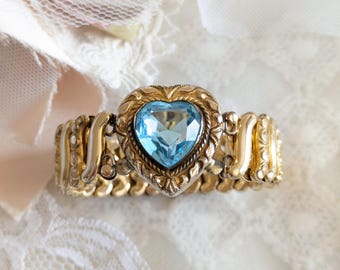 1940s Double Aqua Blue Sweetheart Expansion Bracelet Carmen Signed