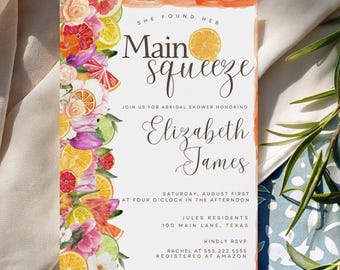 Citrus Bridal Shower Invitation, Floral Main Squeeze Theme TemplateCitrus Themed Shower Invite, Printable