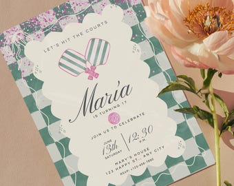 Pickleball Birthday Invitation, Let’s Hit the Courts” Invitation, Pickleball Party Invitation| Pink and Green Retro Checkered Invite