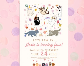May include: A party invitation with a pink background and confetti. The invitation features illustrations of cats wearing party hats and holding balloons. Text reads "Let's Paw-ty! Josie is turning four!" and includes the date June 24, 2030.