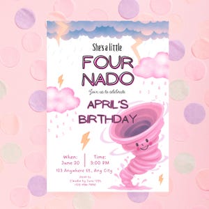 Fournado-verjaardagsuitnodiging | She's a Little Fournado Invite Girl | Uitnodiging 4e verjaardag Tornado-feest | Fournado-waarschuwingsdoek