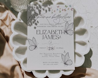 May include: A bridal shower invitation with a butterfly theme. The invitation features the text "He gives me butterflies" and details for Elizabeth James' bridal shower, including the date, time, and location. The design includes butterfly illustrations.