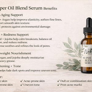 May include: A brown glass dropper bottle labeled Nuko Super Oil Blend Serum. The text lists benefits including anti-aging support, acne and redness support, lightweight nourishment, and brightening and tone, with ingredients like rosehip, argan, and jojoba.