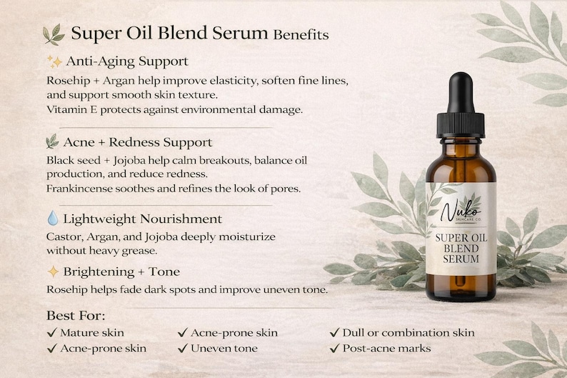 May include: A brown glass dropper bottle labeled Nuko Super Oil Blend Serum. The text lists benefits including anti-aging support, acne and redness support, lightweight nourishment, and brightening and tone, with ingredients like rosehip, argan, and jojoba.