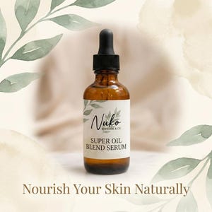 May include: An amber glass bottle with a black dropper cap containing a serum. The white label features the text Nuko Skincare & Co. Super Oil Blend Serum. The background includes soft green leaf illustrations and the text Nourish Your Skin Naturally.