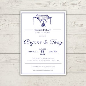 May include: A white invitation card with blue text announcing a "Cochon de Lait Honey Do Shower" for Brynna & Terry on Saturday, October 28, 2023 at 6:00 PM. The invitation includes the address and RSVP information.