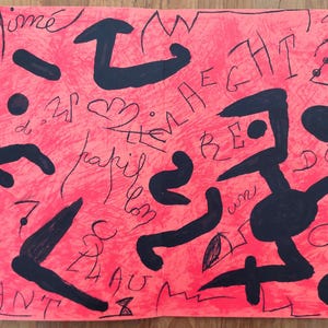 May include: Abstract artwork on a pink background with black shapes and handwritten text. The shapes include stick figures, curved lines, and geometric forms. The text appears to be in French.