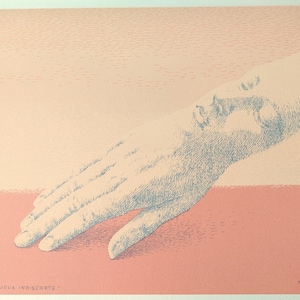 May include: A surrealist print featuring a hand with a human face integrated into the wrist, rendered in blue ink lines on a peach and salmon-colored background. The text LES BIJOUX INDISCRETS is printed in the bottom left corner with Magritte signed.