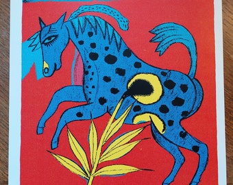 CORNEILLE Originele zeefdruk "Blue Horse", 1986 // Originele druk van Corneille