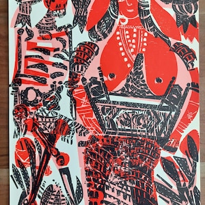 May include: A graphic print featuring a stylized skeleton standing beside a figure holding a large, ornate rectangular frame. The artwork uses a bold color palette of black, bright red, and soft pink on a cream background with intricate patterns.