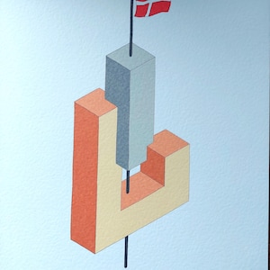 May include: A colorful abstract geometric art print with a red, white, and red flag at the top. The print is signed "Gnu Finch" and numbered "32/210".
