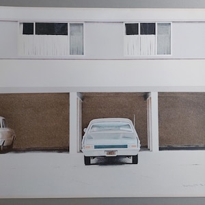 May include: An artistic rendering of a mid-century modern building with three garage bays. Three classic cars are parked in the bays. The building has white walls and windows with white curtains. The artwork is signed in the lower right corner.