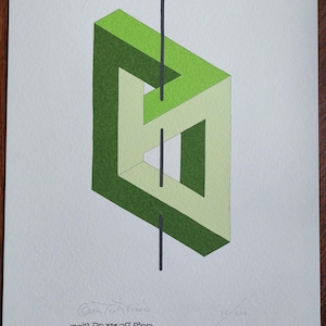 May include: An art print featuring an impossible geometric shape in shades of green, with a small Belgian flag at the top. The print includes the artist's signature and the name "OSCAR REUTERSVÄRD" at the bottom.