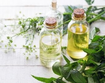 May include: Three glass bottles with cork stoppers filled with clear liquid, likely essential oils, on a white wooden surface with green leafy plants.