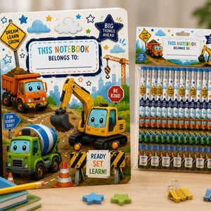 Personalized Construction Notebook & Pencil Set |  Construction Truck Composition Notebook | Preschool Kindergarten Gift