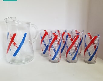 Americana Libbey Glass 7 Pc Refresher Set Red White Blue Pitcher 6 Glasses NEW NOS NIB