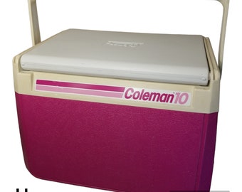 Vintage 1989 Coleman 10 Cooler Magenta Pink Fuschia Model #5210 w/Flip/Slide Cup Holder Lid 