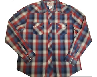 Wrangler Mens XL Pearl Snap Shirt Plaid Long Sleeve 100% Cotton