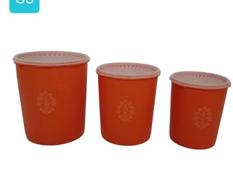 3 Vintage Tupperware Orange Nesting Servalier Canister Set 1970s with Lids Retro