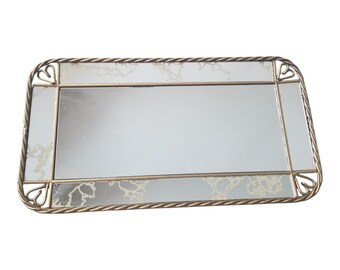 Vintage Art Deco 15" x 8.5" Twisted Gold Rope Metal Hearts Frame Wall Mirror MCM