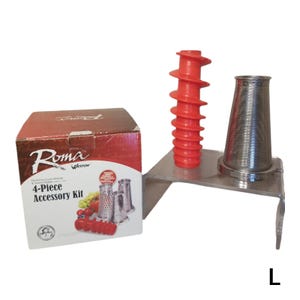 May include: A 4-piece accessory kit for a Roma Weston food strainer. The kit includes a red plastic auger, a stainless steel strainer, and two additional strainers. The kit is packaged in a red and white box with the words "Roma Weston 4-Piece Accessory Kit" printed on it.