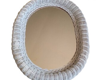 Wicker Rattan Oval Wall Mirror 20 x 16.5 vertical or horizontal vintage white LARGE