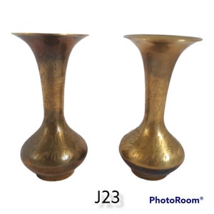 2 Small Floral Etched Solid Brass Bud Vases Vintage Mid Century Modern Bohemian Boho MCM Decor