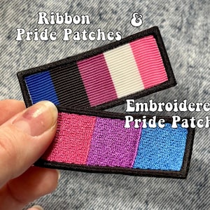 Ribbon and Embroidered Pride Flags | Custom Discrete Small Pride Flag Badges | Small Iron on or Sew on Patches For Jackets, Bags | 2.25x1in