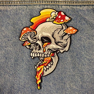 Warm Colors Large Trippy Mushroom Skull Iron-on or Sew-on Patch | Oversized Badge for Bags, Jeans, Jackets, Vest or Just to Display