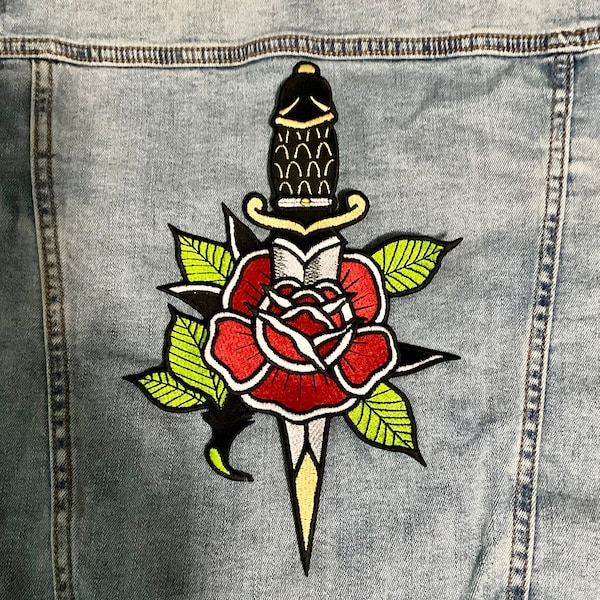 Large Vintage Tattoo Style Rose and Dagger Iron-on or Sew-on Patch | Oversized Badge for Bags, Jeans, Jackets, Vest or Just to Display!