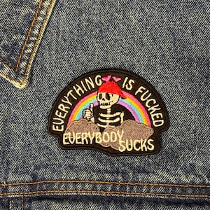 Everything is F**ked, Everybody Sucks Skeleton Patch Red Hat Rapper | True then, True now | 3.25in | Iron-on or Sew-On Patch | Morbidmakerks