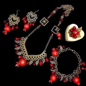 Pomegranate Set(Neckless, Bracelet, Earrings, Ring), Fruit Jewelry, Fertility, Yalda, Anniversary/Valentin Gift, انار ,هدیه ولنتاین، یلدا
