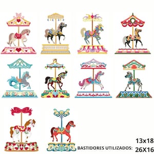 May include: A selection of carousel horse designs. Each carousel features a different horse, with varying colours and patterns, under a decorative canopy. The designs include text that reads "BASTIDORES UTILIZADOS: 26X16" and "13x18".