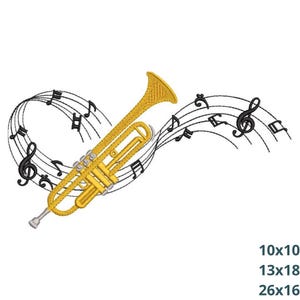 Puede incluir: Una trompeta dorada con notas musicales negras y símbolos de clave de sol sobre un fondo blanco. La trompeta está inclinada hacia la izquierda, con notas musicales arremolinándose a su alrededor. La imagen incluye opciones de tamaño.