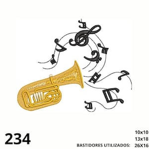 Pode incluir: Uma tuba dourada com notas musicais e símbolos pretos girando ao redor. O número "234" está na parte inferior esquerda. O texto na parte inferior direita diz "BASTIDORES UTILIZADOS: 26X16".