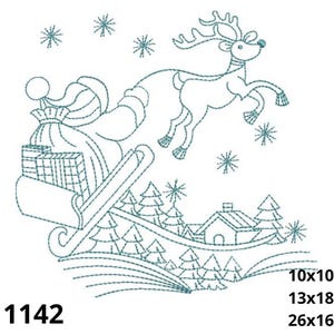Puede incluir: Diseño bordado de un reno tirando de un trineo lleno de regalos, volando sobre un paisaje nevado con una casa y árboles. Incluye copos de nieve y el número "1142".