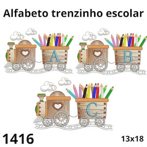 May include: Embroidered train designs with the letters A, B, and C, each carrying a collection of colored pencils. The trains are brown with heart details and sit on tracks, with the text "Alfabeto trenzinho escolar" above.