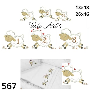 May include: Embroidered design featuring three sheep with numbers 1, 2, and 3, with the text "Tati Art's". The design includes small hearts and floral accents. The image also shows a white bedding set with the same sheep design.
