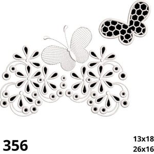 May include: White and black floral embroidery design with two butterflies and the number 356. The design includes a large floral pattern and two butterfly designs. The dimensions are 13x18 and 26x16.