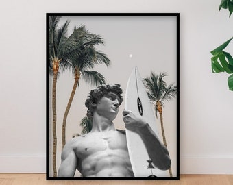 Modern Statue of David with a Surfboard Poster | Altered Art Poster | Surf Wall Decor