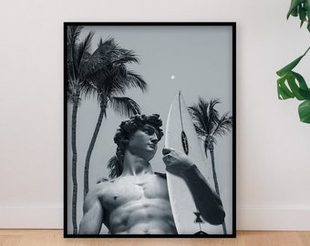 Modern Statue of David with a Surfboard Poster | Altered Art Poster | Blue Wall Art | Surf Wall Decor
