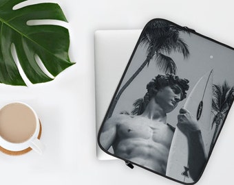 13" 15" Modern Statue of David with a Surfboard Laptop Sleeve | Altered Art | Black and White Laptop Sleeve
