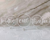 Round Clear acrylic table numbers, Wedding table details.